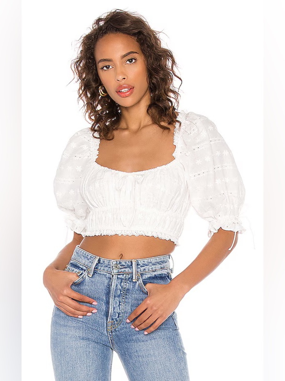 For Love & Lemons White Eyelet Puff-Sleeve Cropped Top